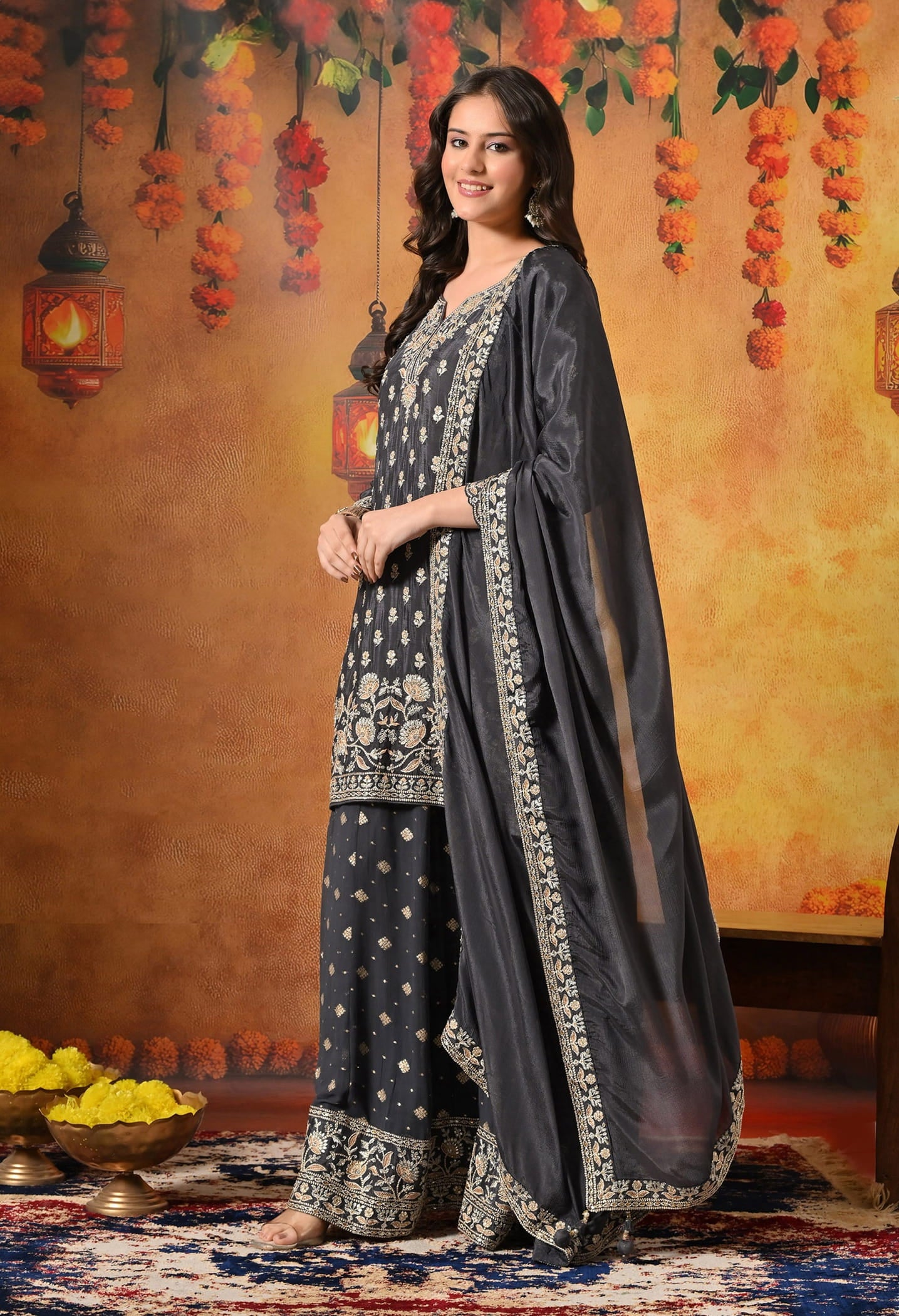 Grey Lehenga Set crafted with Delicate Thread, Zardozi, and Crystal Embroidery.