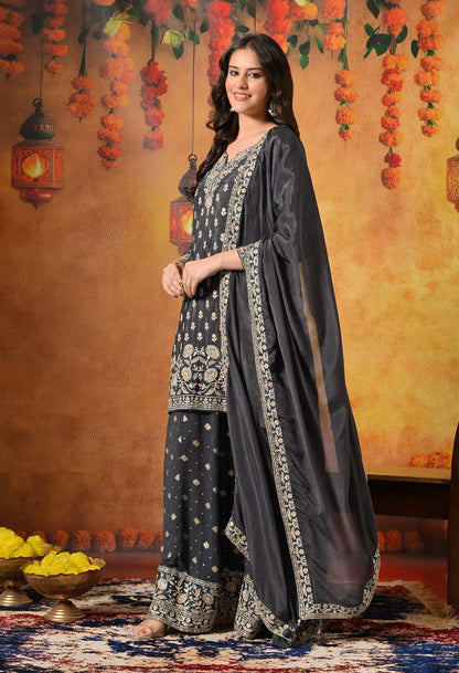 Grey Lehenga Set crafted with Delicate Thread, Zardozi, and Crystal Embroidery.