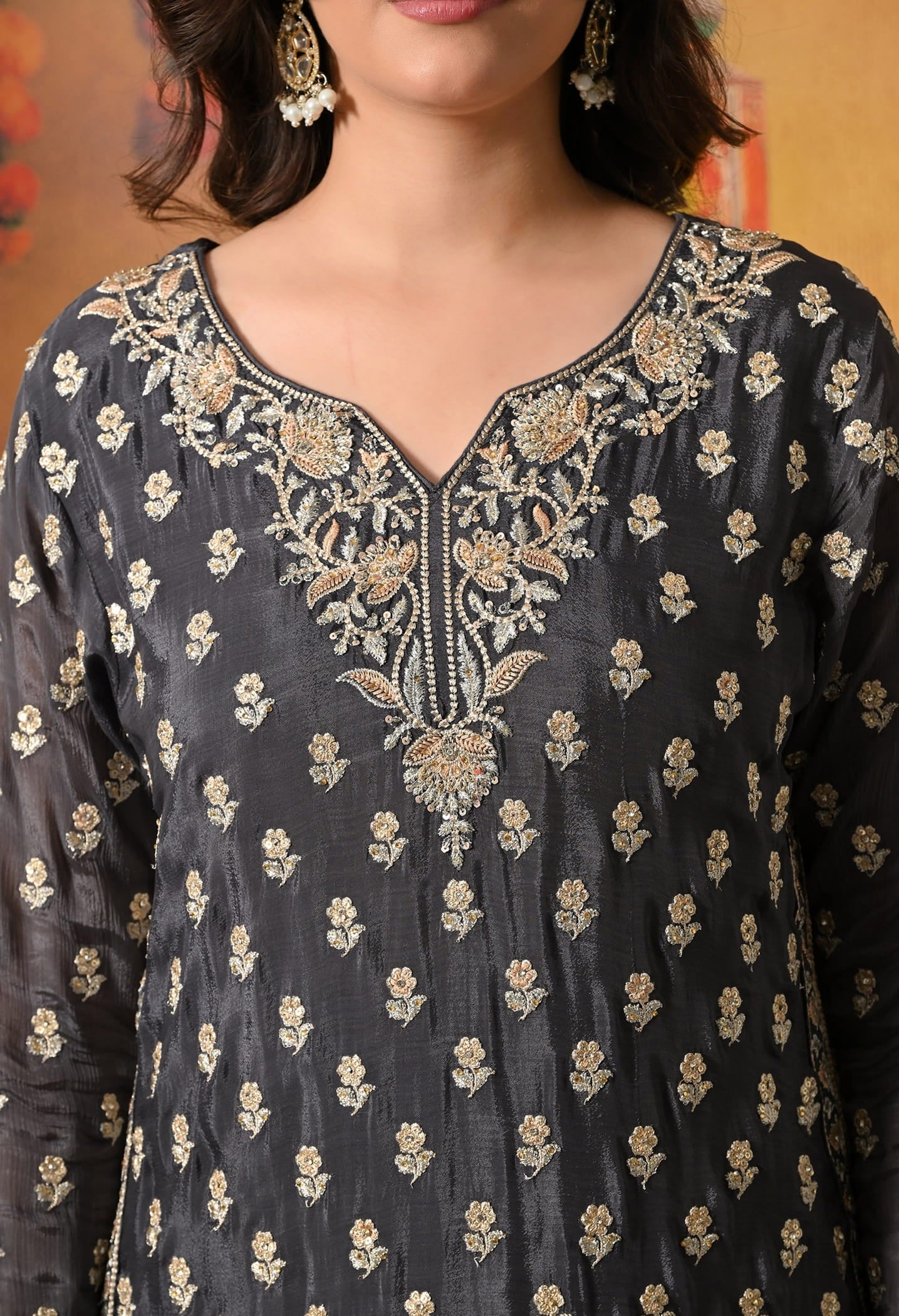 Grey Lehenga Set crafted with Delicate Thread, Zardozi, and Crystal Embroidery.