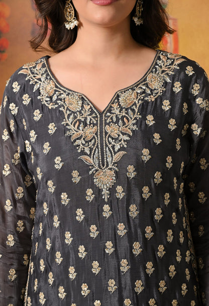Grey Lehenga Set crafted with Delicate Thread, Zardozi, and Crystal Embroidery.