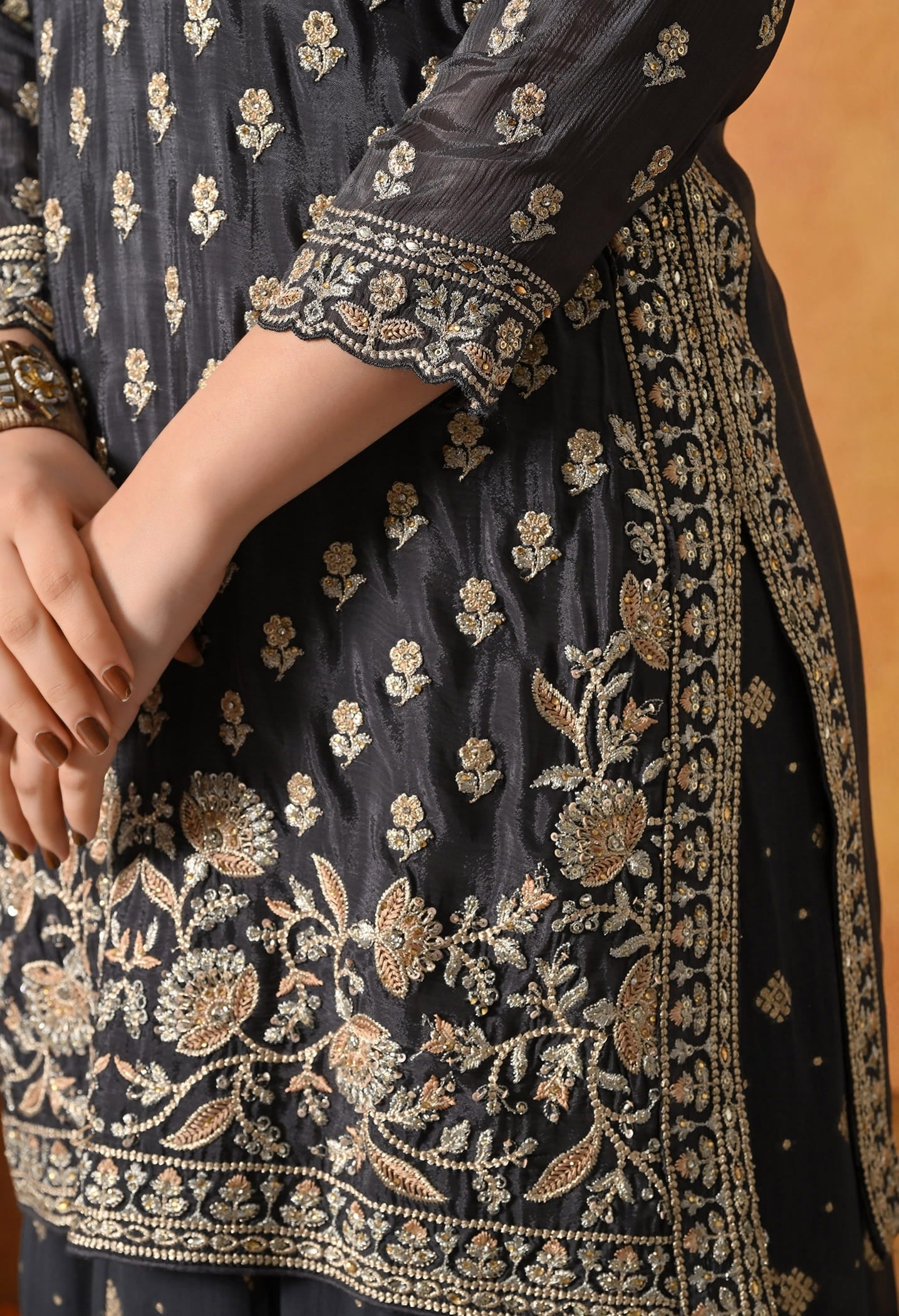 Grey Lehenga Set crafted with Delicate Thread, Zardozi, and Crystal Embroidery.