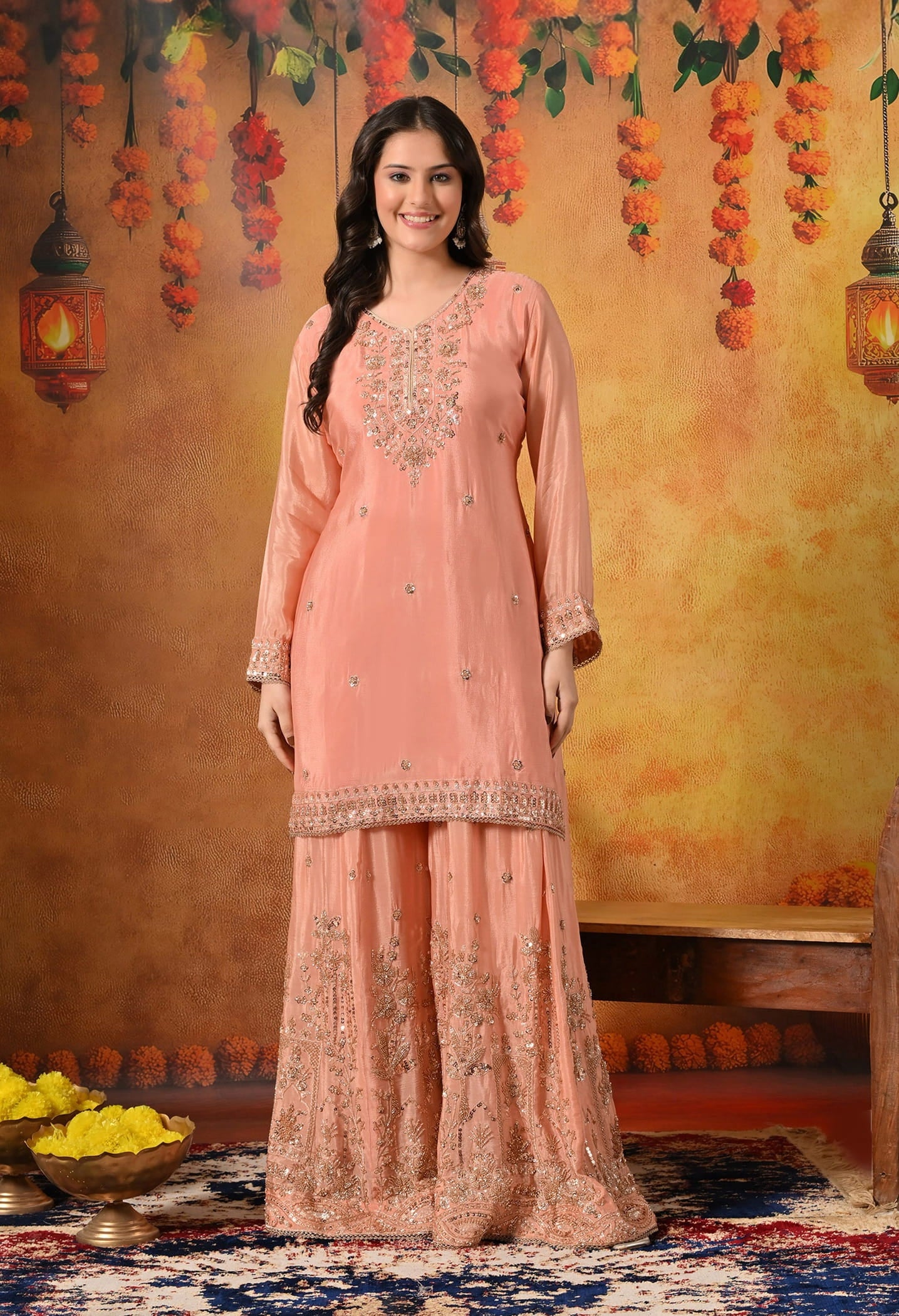 Dark Peach Sharara Set with Pearl, Zardozi, Sequin, and Cutdana Embroidery.