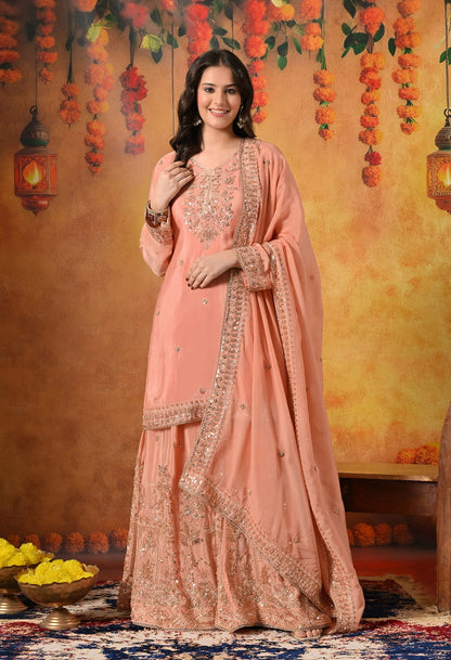 Dark Peach Sharara Set with Pearl, Zardozi, Sequin, and Cutdana Embroidery.