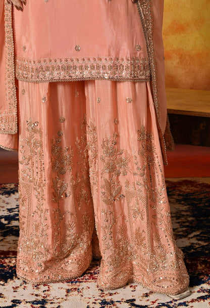 Dark Peach Sharara Set with Pearl, Zardozi, Sequin, and Cutdana Embroidery.