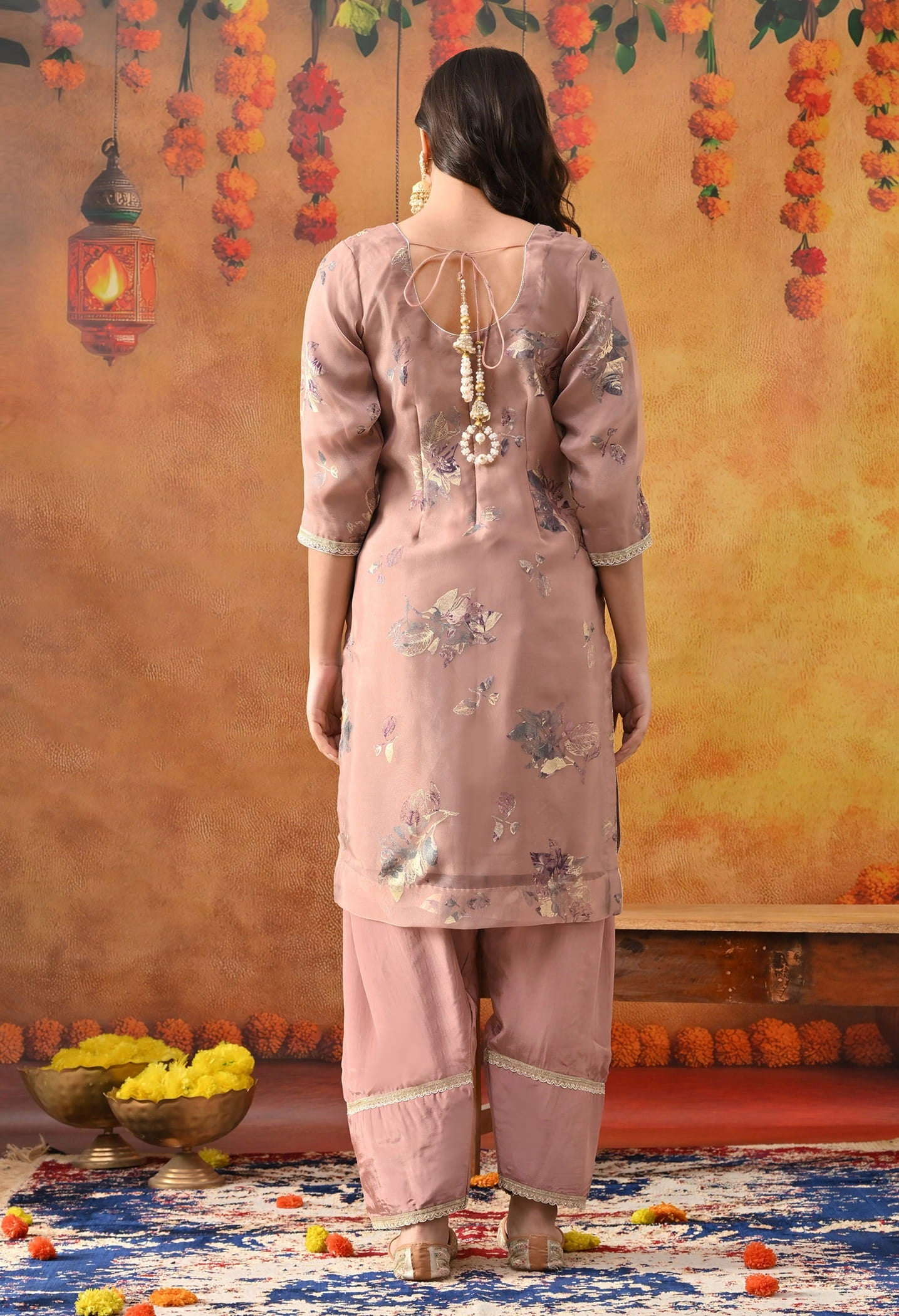 Dark Peach Tissue Organza Kurta Set with intricate gotta, crystal, and zardozi work, paired with a salwar and matching dupatta
