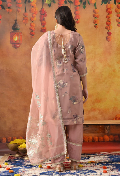 Dark Peach Tissue Organza Kurta Set with intricate gotta, crystal, and zardozi work, paired with a salwar and matching dupatta