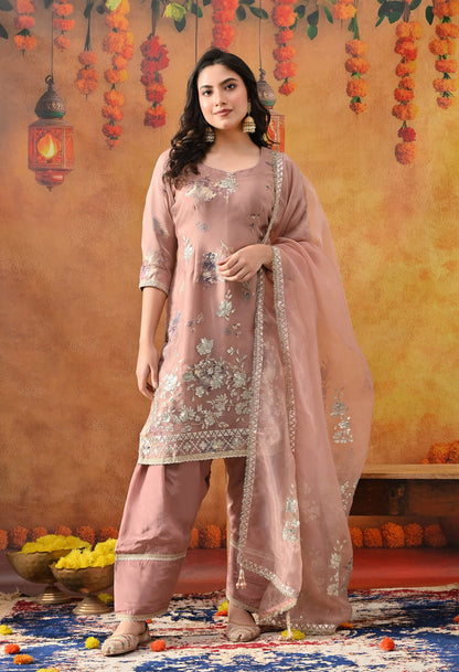 Dark Peach Tissue Organza Kurta Set with intricate gotta, crystal, and zardozi work, paired with a salwar and matching dupatta