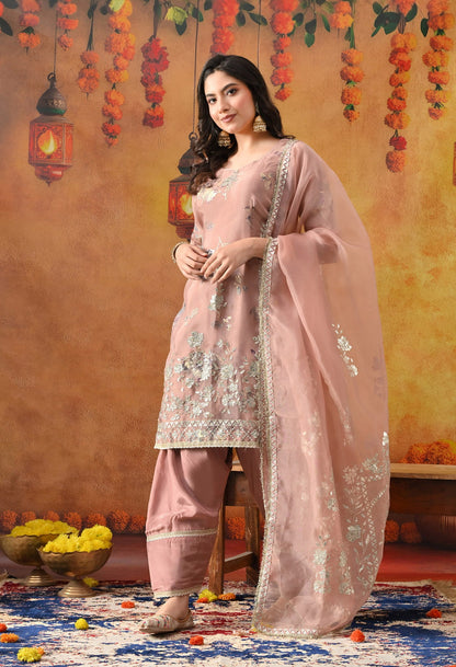 Dark Peach Tissue Organza Kurta Set with intricate gotta, crystal, and zardozi work, paired with a salwar and matching dupatta