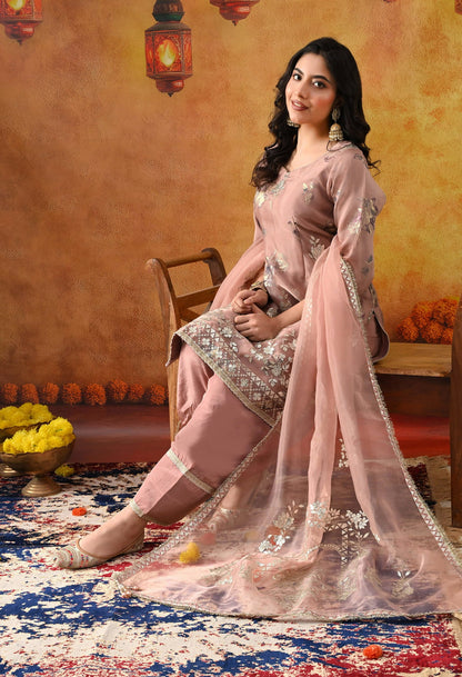 Dark Peach Tissue Organza Kurta Set with intricate gotta, crystal, and zardozi work, paired with a salwar and matching dupatta