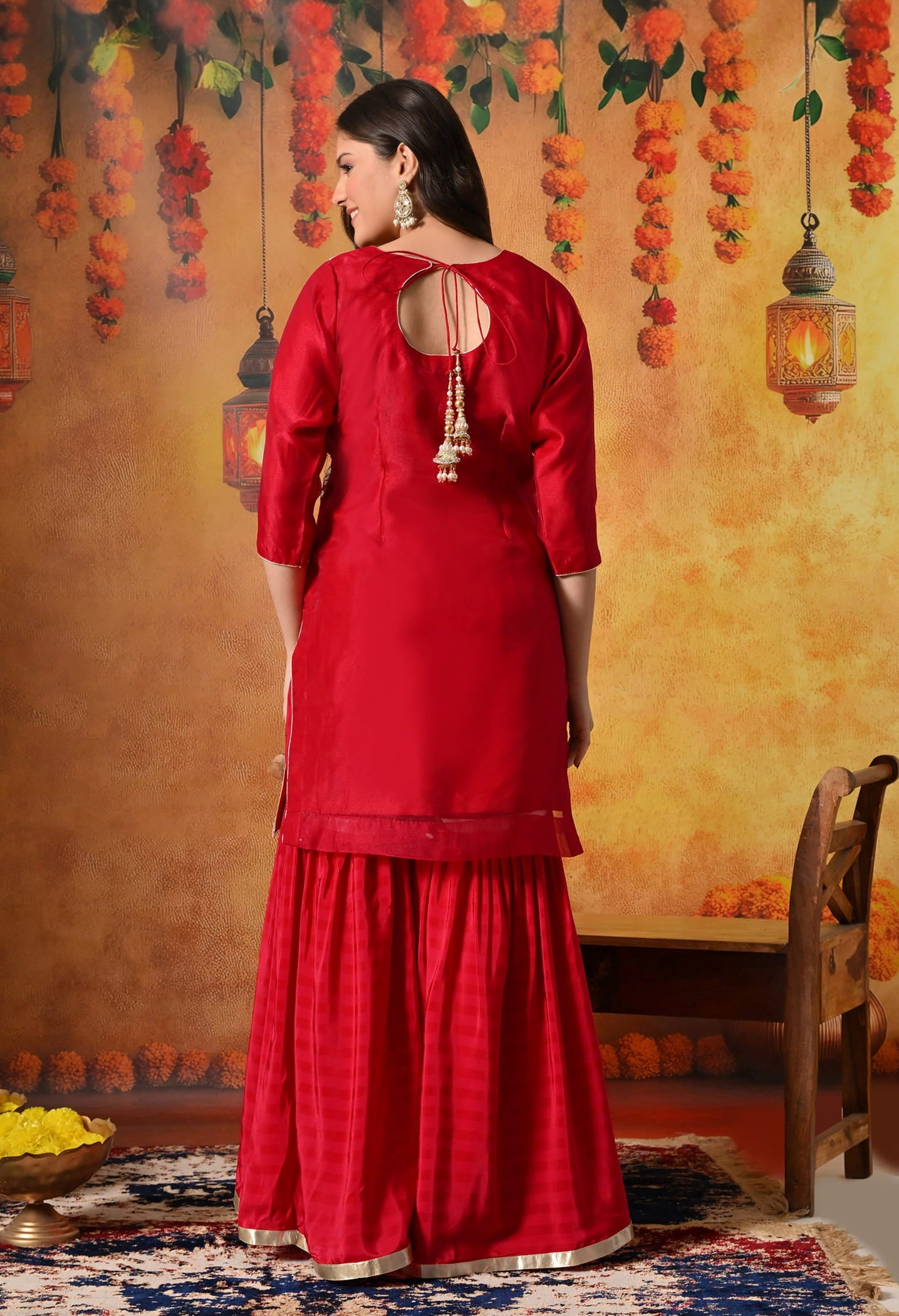 Reddish Pink Gharara Set with gotta and crystal work.