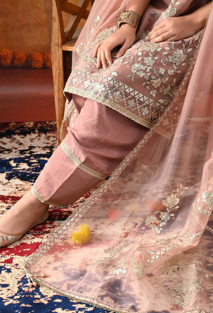 Dark Peach Tissue Organza Kurta Set with intricate gotta, crystal, and zardozi work, paired with a salwar and matching dupatta