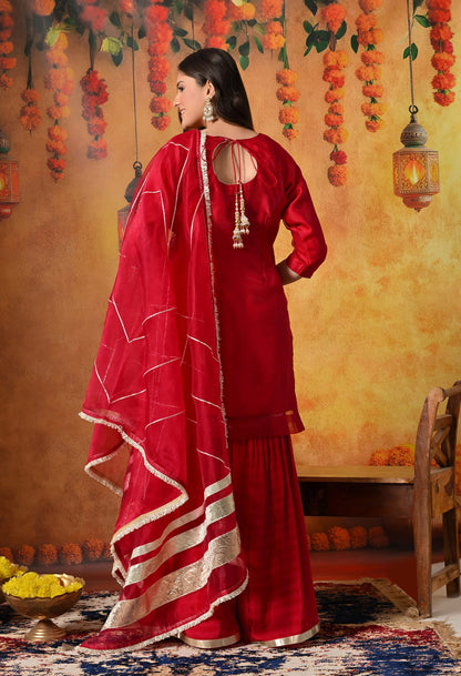 Reddish Pink Gharara Set with gotta and crystal work.