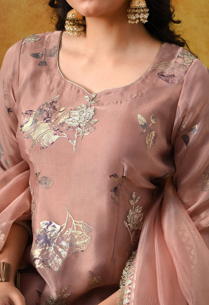 Dark Peach Tissue Organza Kurta Set with intricate gotta, crystal, and zardozi work, paired with a salwar and matching dupatta