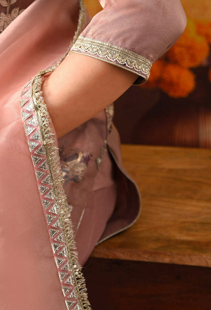 Dark Peach Tissue Organza Kurta Set with intricate gotta, crystal, and zardozi work, paired with a salwar and matching dupatta