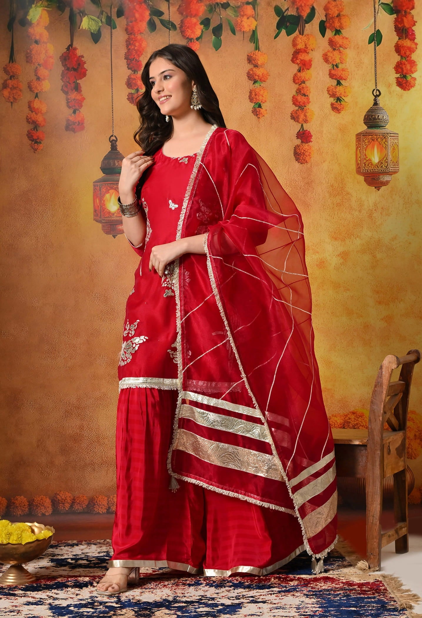 Reddish Pink Gharara Set with gotta and crystal work.