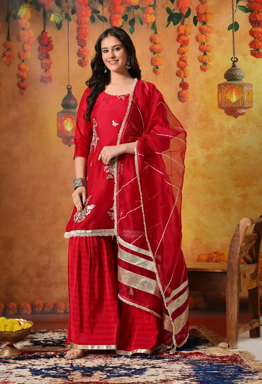 Reddish Pink Gharara Set with gotta and crystal work.