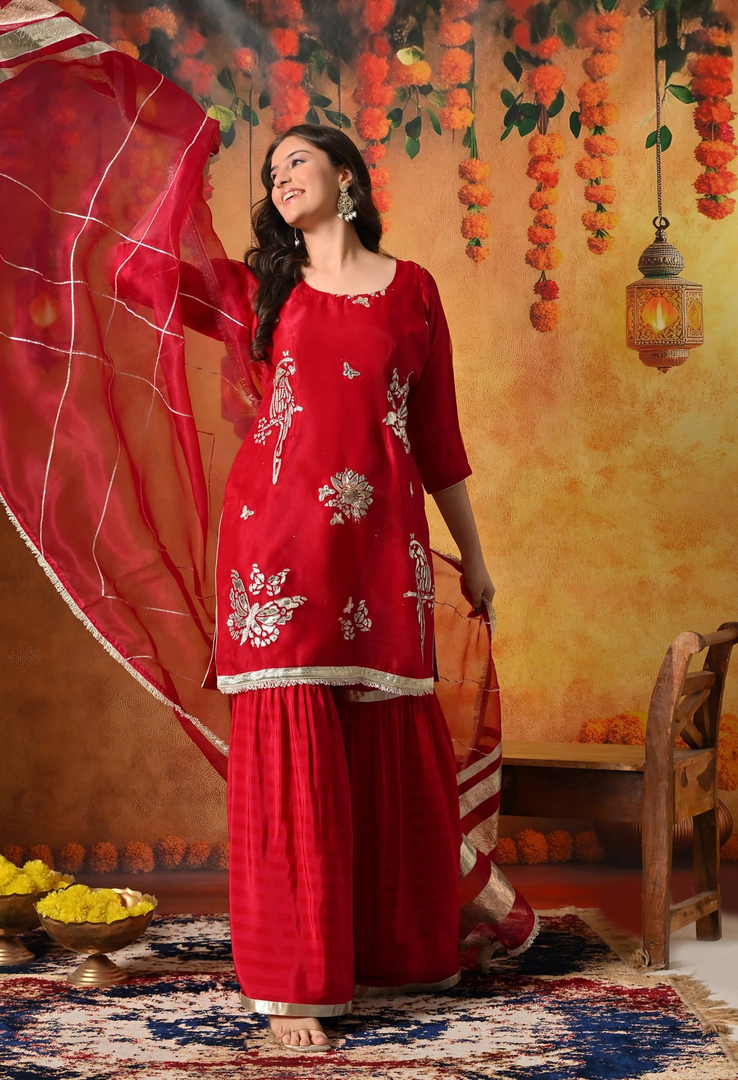 Reddish Pink Gharara Set with gotta and crystal work.
