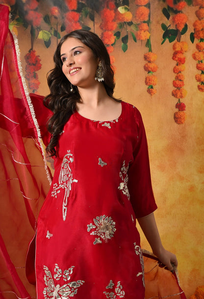 Reddish Pink Gharara Set with gotta and crystal work.