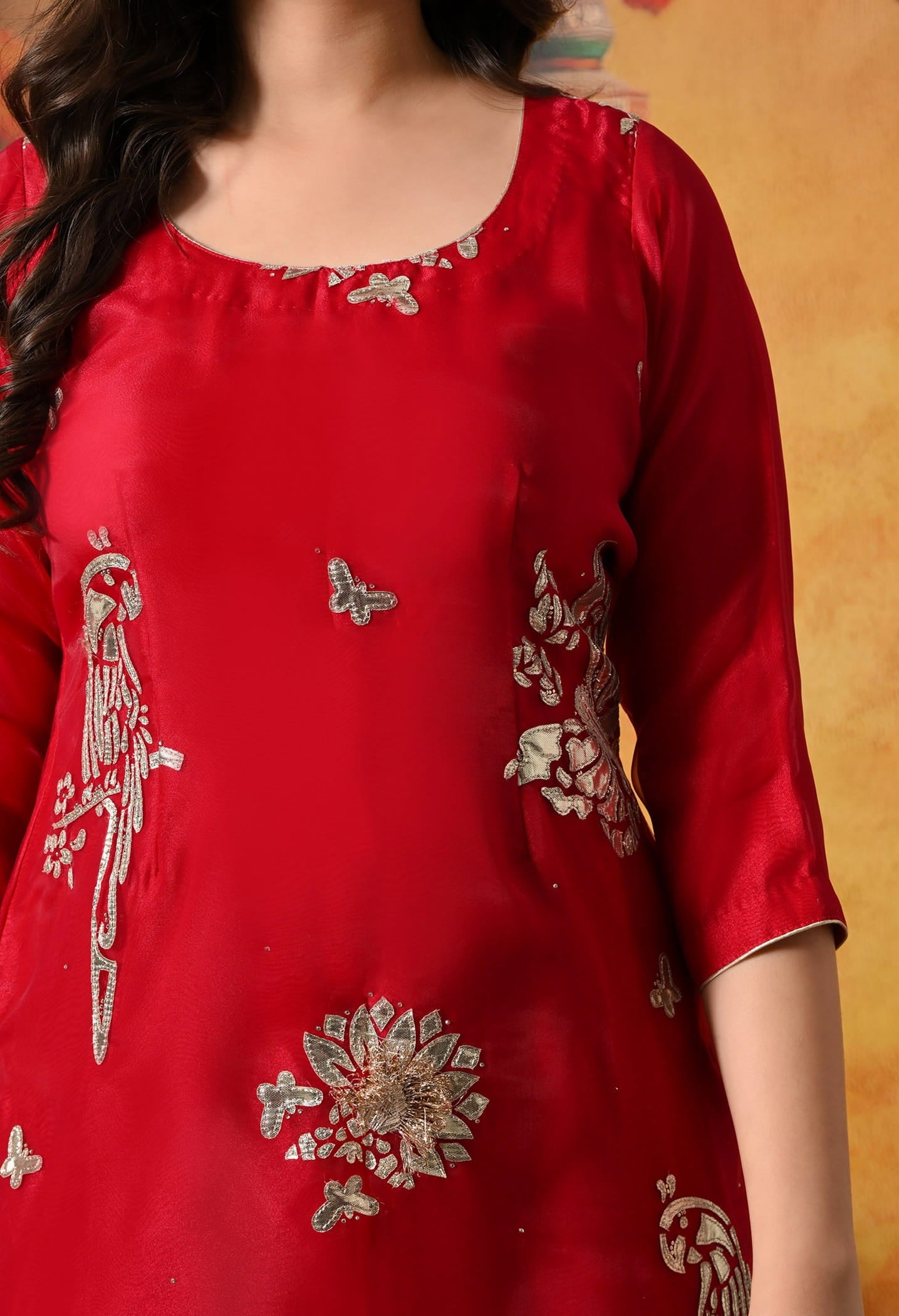 Reddish Pink Gharara Set with gotta and crystal work.