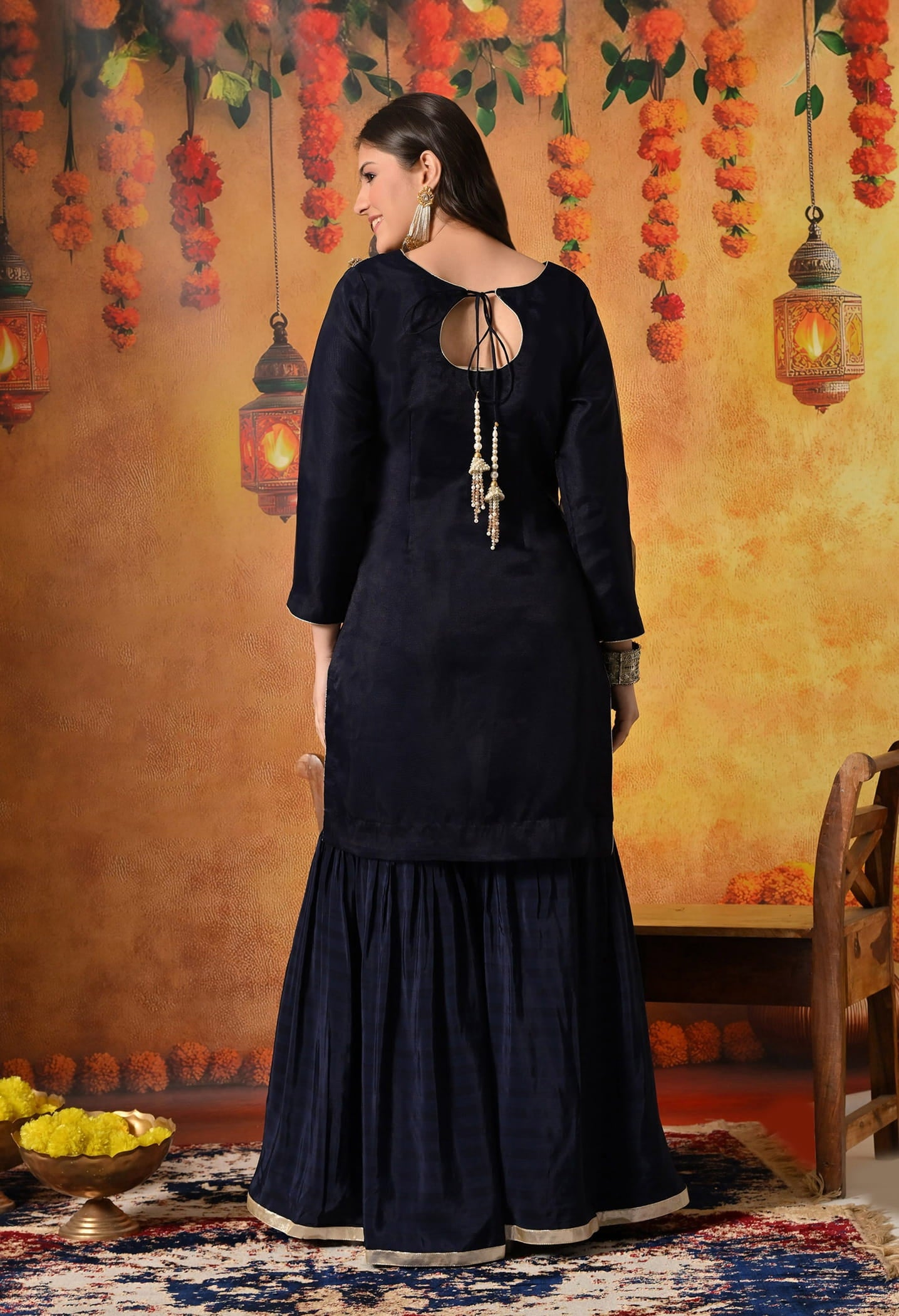 Navy Blue Gharara Set with Gotta and Crystal embellishments