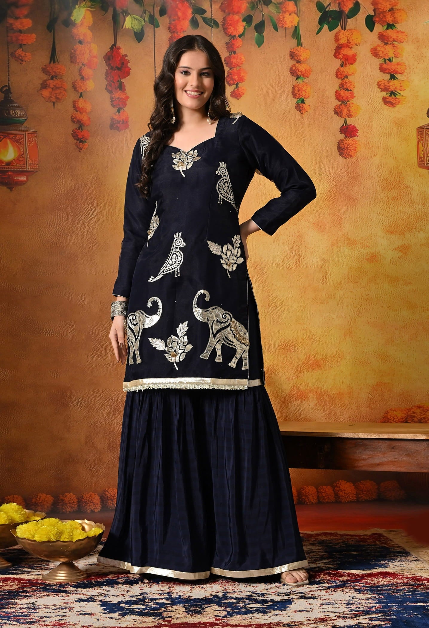 Navy Blue Gharara Set with Gotta and Crystal embellishments