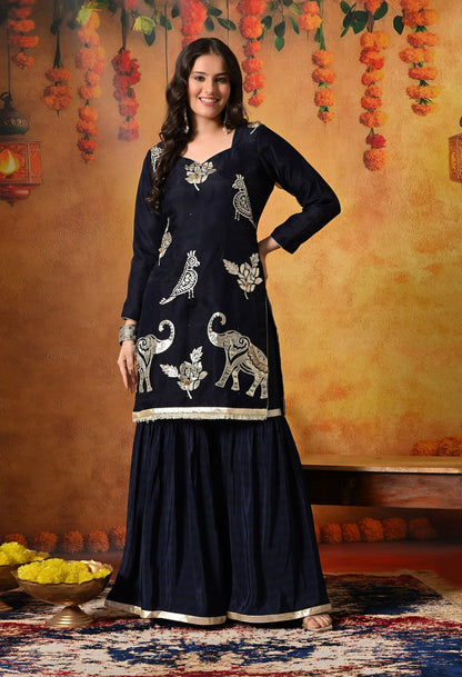 Navy Blue Gharara Set with Gotta and Crystal embellishments