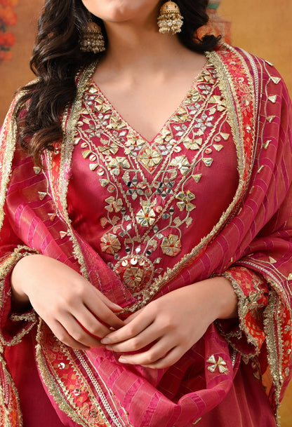 Pink Tissue Silk Kurta Set with intricate gotta and zardozi work, paired with a tissue organza dupatta and golden farshi salwar.
