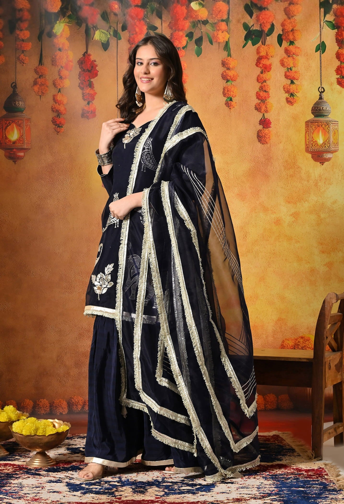 Navy Blue Gharara Set with Gotta and Crystal embellishments