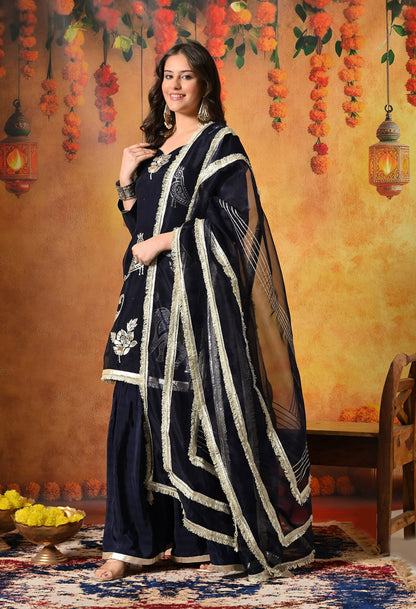 Navy Blue Gharara Set with Gotta and Crystal embellishments