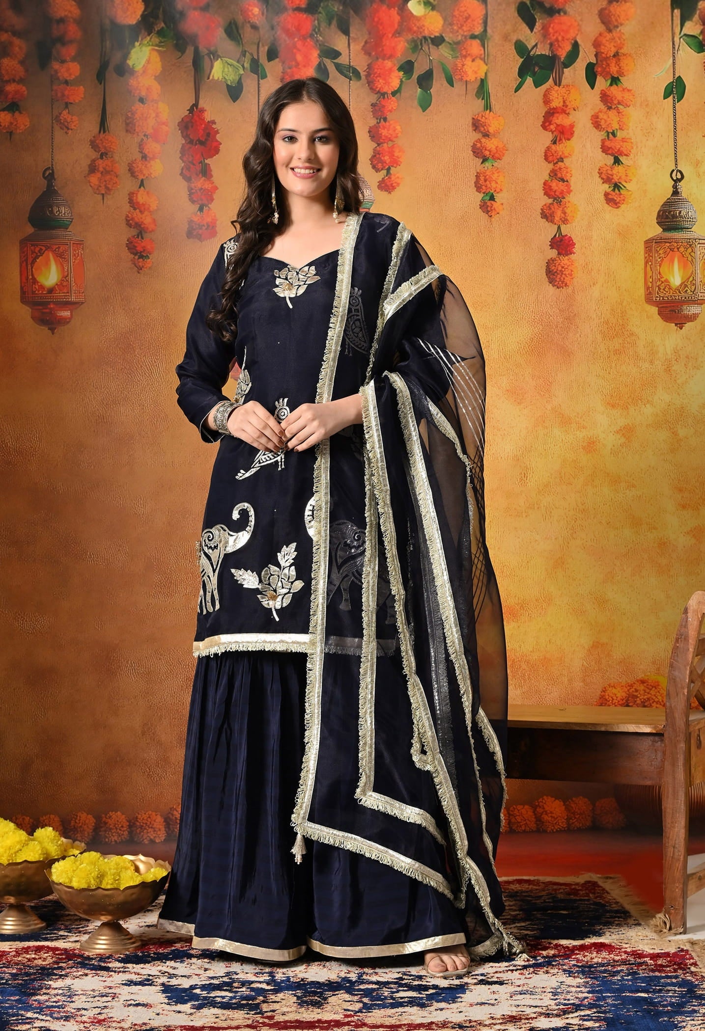 Navy Blue Gharara Set with Gotta and Crystal embellishments
