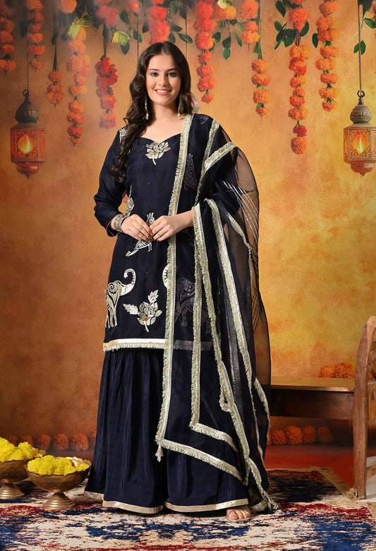 Navy Blue Gharara Set with Gotta and Crystal embellishments