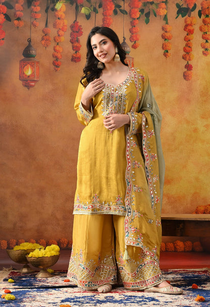Yellow Tissue Crepe Sharara Set with intricate gotta, zardozi, applique, thread, and mirror work, paired with a dual-tone yellow and green dupatta