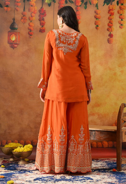 Orange Chinon Sharara Set with intricate zardozi, sequin, and thread work, paired with a matching dupatta