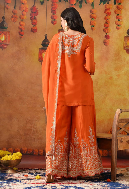 Orange Chinon Sharara Set with intricate zardozi, sequin, and thread work, paired with a matching dupatta