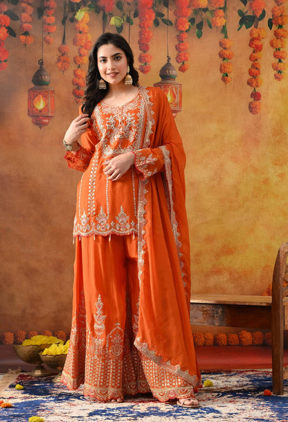 Orange Chinon Sharara Set with intricate zardozi, sequin, and thread work, paired with a matching dupatta
