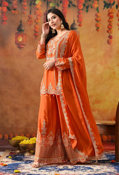 Orange Chinon Sharara Set with intricate zardozi, sequin, and thread work, paired with a matching dupatta
