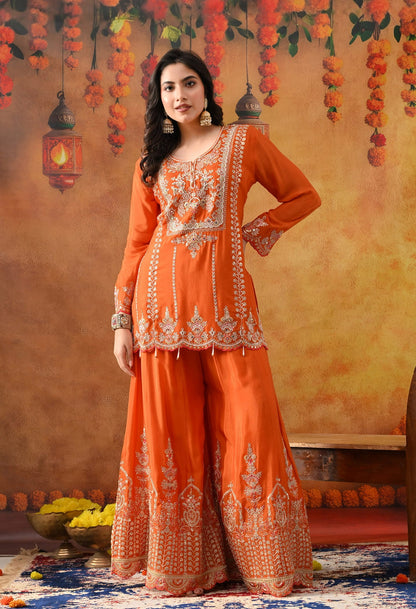 Orange Chinon Sharara Set with intricate zardozi, sequin, and thread work, paired with a matching dupatta