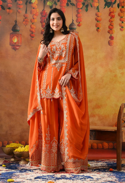 Orange Chinon Sharara Set with intricate zardozi, sequin, and thread work, paired with a matching dupatta