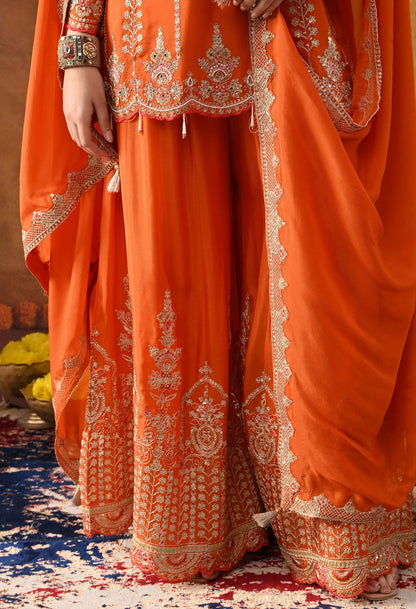 Orange Chinon Sharara Set with intricate zardozi, sequin, and thread work, paired with a matching dupatta