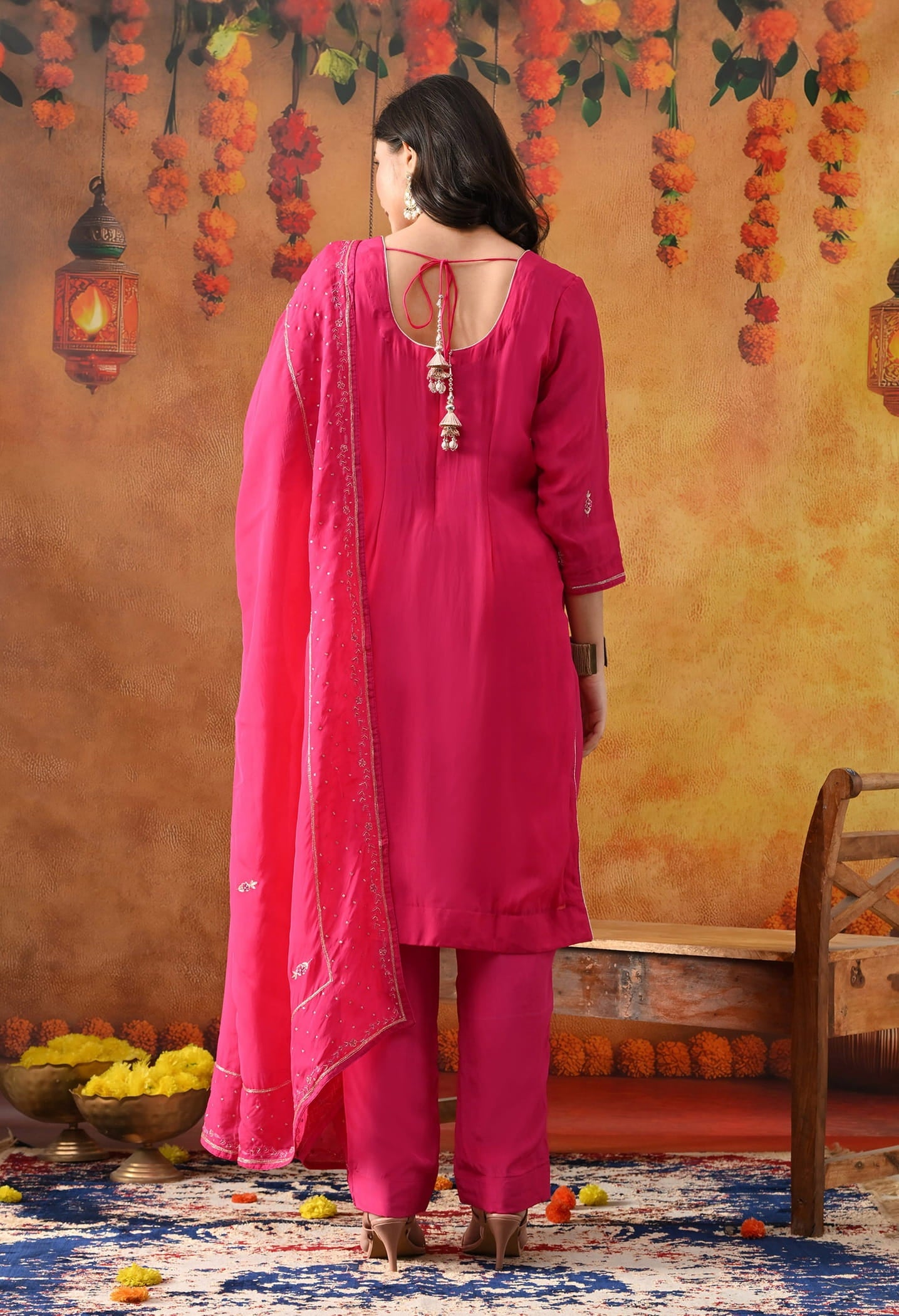 Hot Pink Organza Kurta Set with intricate Zardozi detailing, paired with a matching dupatta and straight pants.