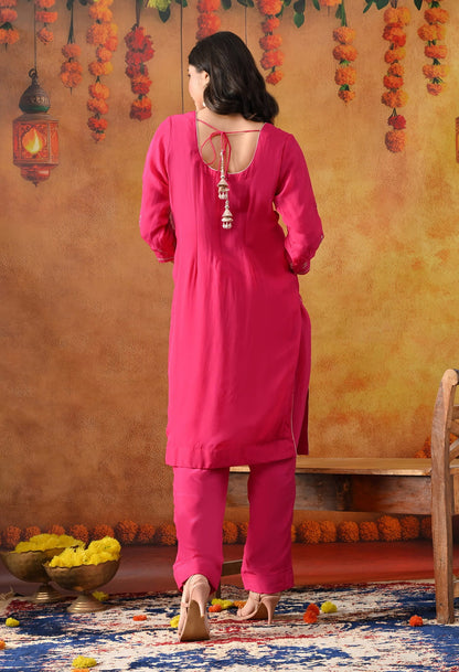 Hot Pink Organza Kurta Set with intricate Zardozi detailing, paired with a matching dupatta and straight pants.
