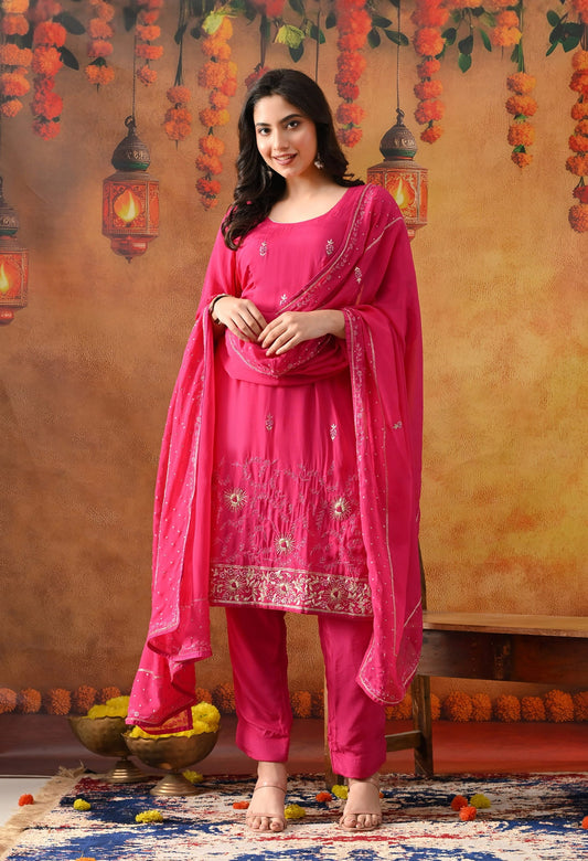 Hot Pink Organza Kurta Set with intricate Zardozi detailing, paired with a matching dupatta and straight pants.