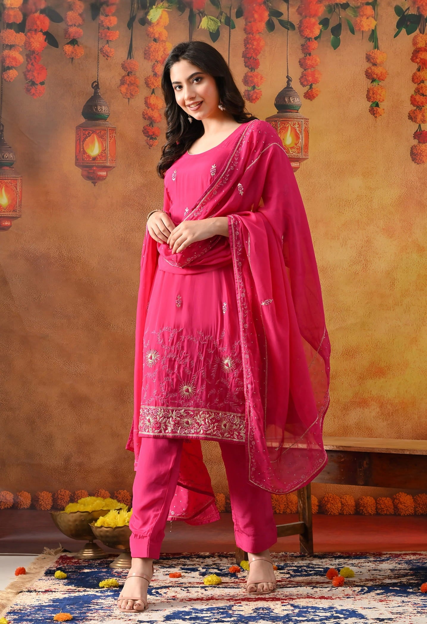 Hot Pink Organza Kurta Set with intricate Zardozi detailing, paired with a matching dupatta and straight pants.