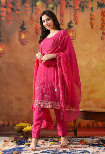 Hot Pink Organza Kurta Set with intricate Zardozi detailing, paired with a matching dupatta and straight pants.