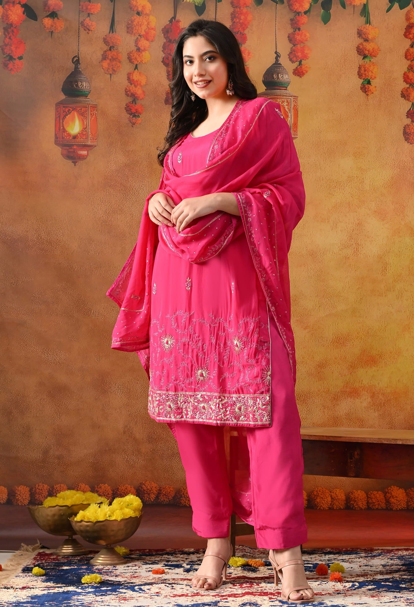Hot Pink Organza Kurta Set with intricate Zardozi detailing, paired with a matching dupatta and straight pants.