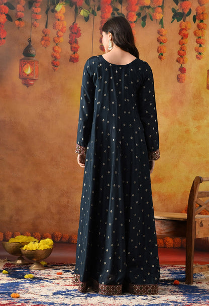 Navy Blue Silk Anarkali with intricate gotta, zardozi, thread, and sequin work, paired with a matching crepe dupatta