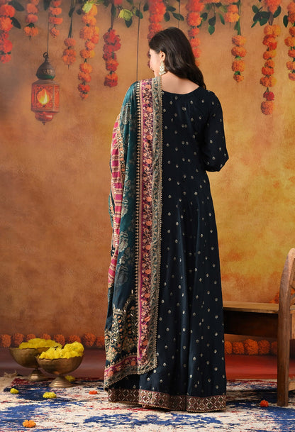 Navy Blue Silk Anarkali with intricate gotta, zardozi, thread, and sequin work, paired with a matching crepe dupatta