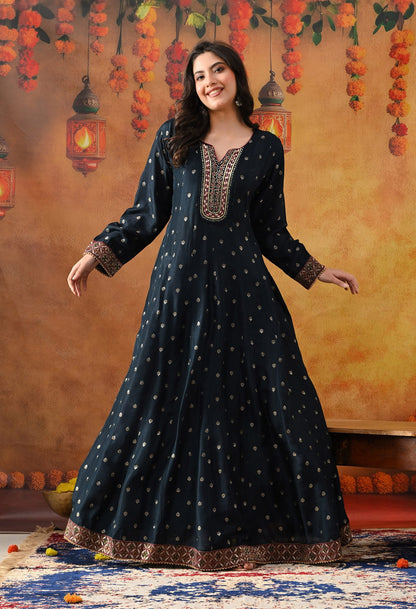 Navy Blue Silk Anarkali with intricate gotta, zardozi, thread, and sequin work, paired with a matching crepe dupatta