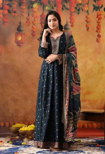 Navy Blue Silk Anarkali with intricate gotta, zardozi, thread, and sequin work, paired with a matching crepe dupatta
