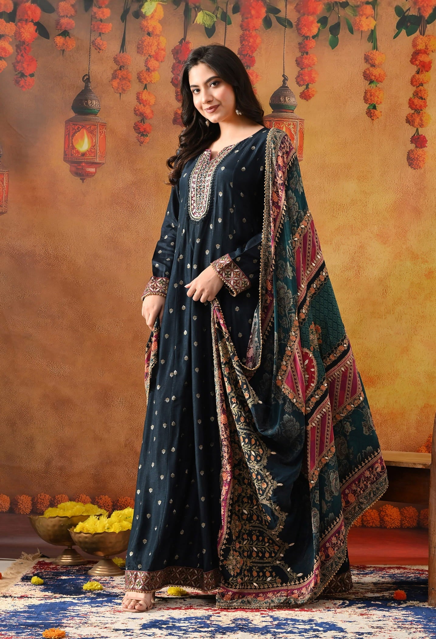 Navy Blue Silk Anarkali with intricate gotta, zardozi, thread, and sequin work, paired with a matching crepe dupatta